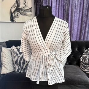 True Destiny Black and White Striped Wrap Blouse